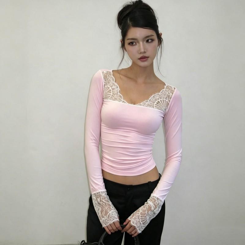 2026 Womens Sexy Lace Patchwork Slim Fit Long Sleeve T-Shirt Street Style Crop Top Daily Wear