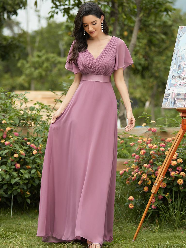 Ever-Pretty Women's Double V-Neck Empire Waist Floor Length Chiffon Evening Dresses with Short Flutter Sleeves