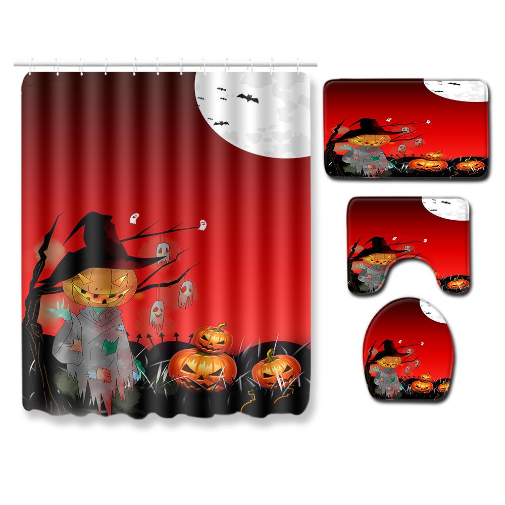 Halloween Shower Curtain Floor Mat Combination Four-Piece Set Bathroom Toilet Carpet Shower Room Foot Mat