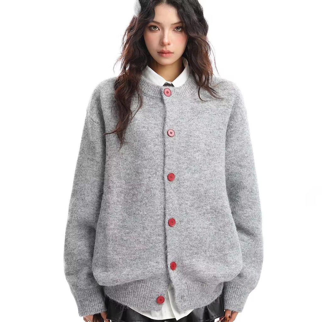 Женский мягкий вязаный кардиган Осень 2025 – Однотонный, с круглым вырезом, на деревянных пуговицах, свободного кроя, универсальный, пушистый кардиган-свитер