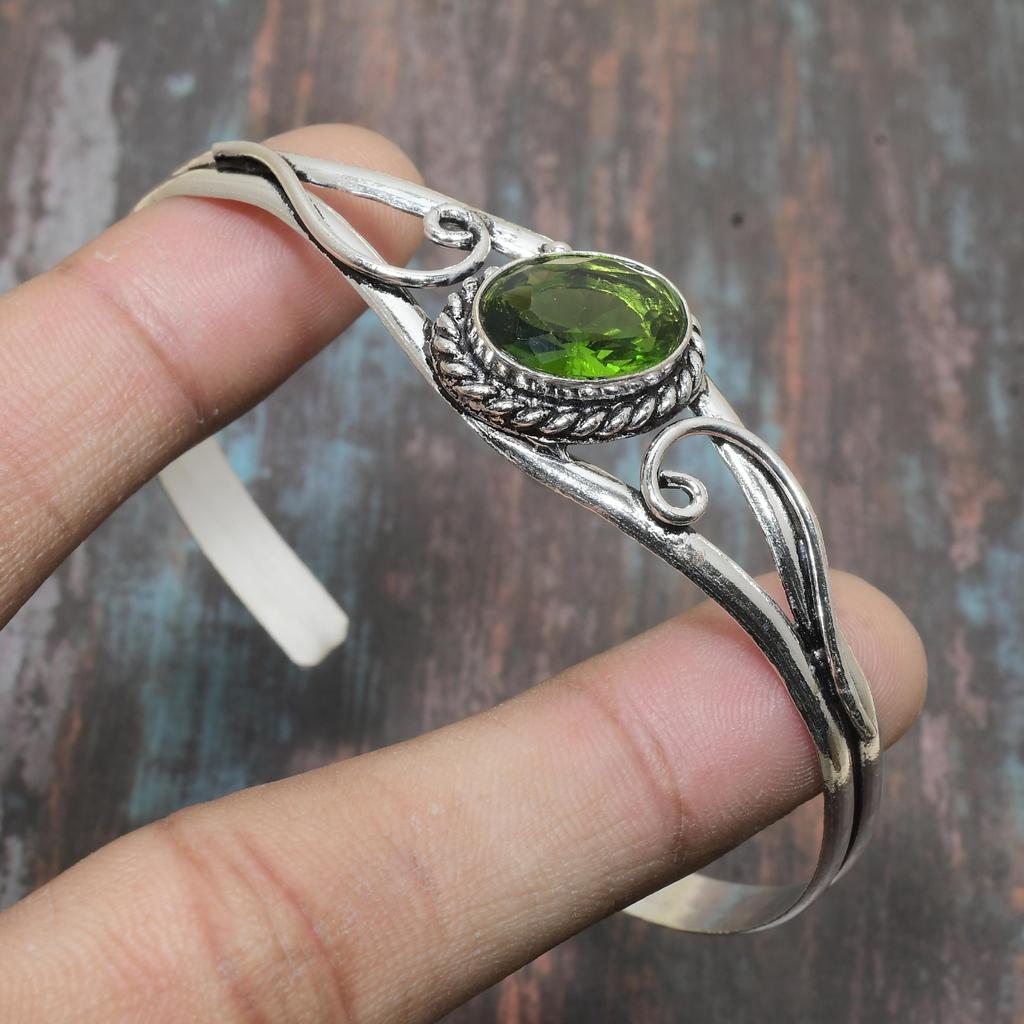 Peridot Gemstone Handmade Solid 925 Sterling Silver Cuff Jewelry Bangle Adjustable