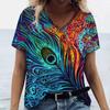 Summer V Neck Women T-Shirts Peacock Feather Graphic Fashion Short Sleeve Harajuku Y2k Top Oversized Casual Female T Shirt