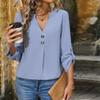 Ladies Autumn Fashion Long Sleeve Solid Color V Neck Button Loose Blouse T Shirt Top