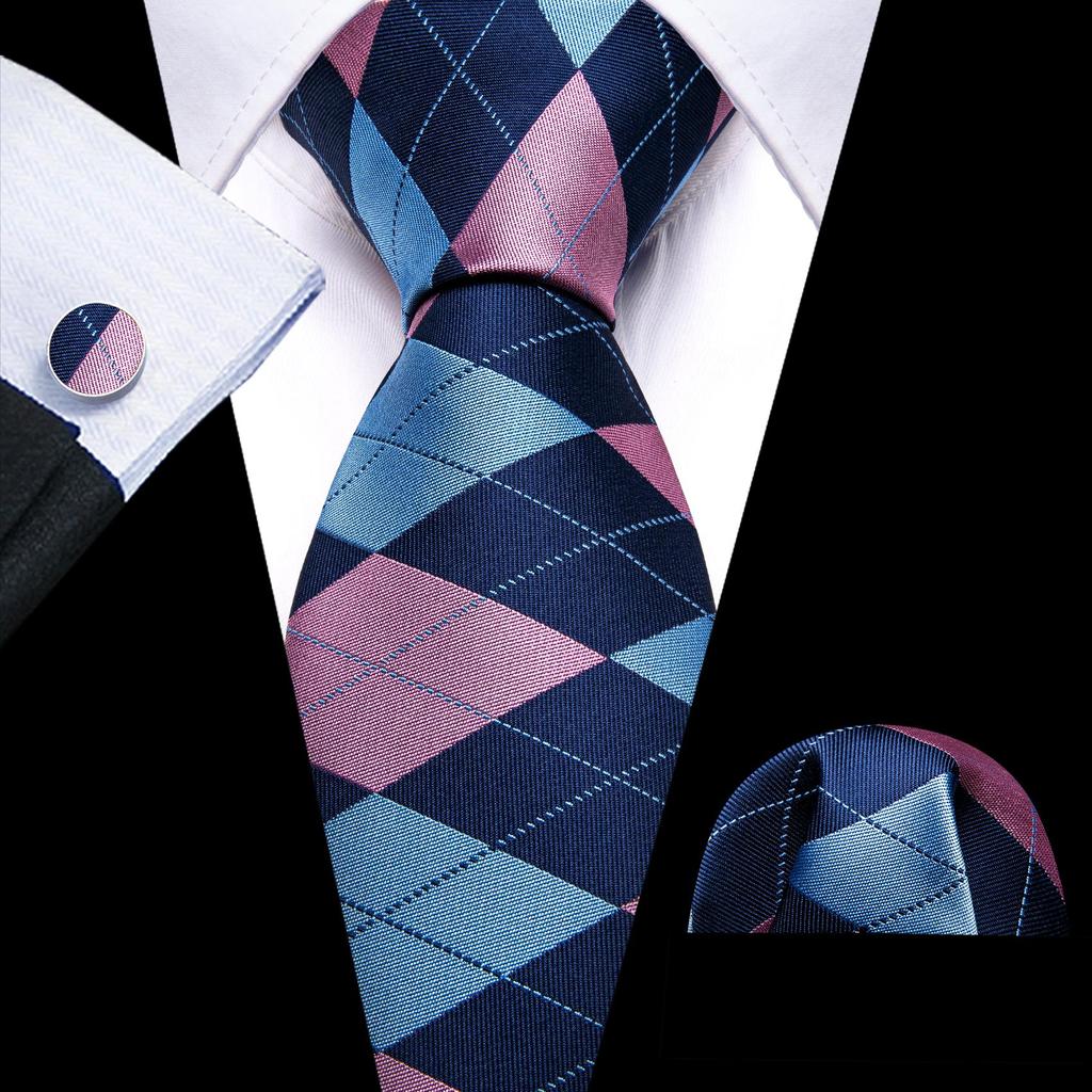 Barry.Wang Mens Novelty Plaid Striped Neckties Handkerchief Cufflinks Set Formal Casual Business