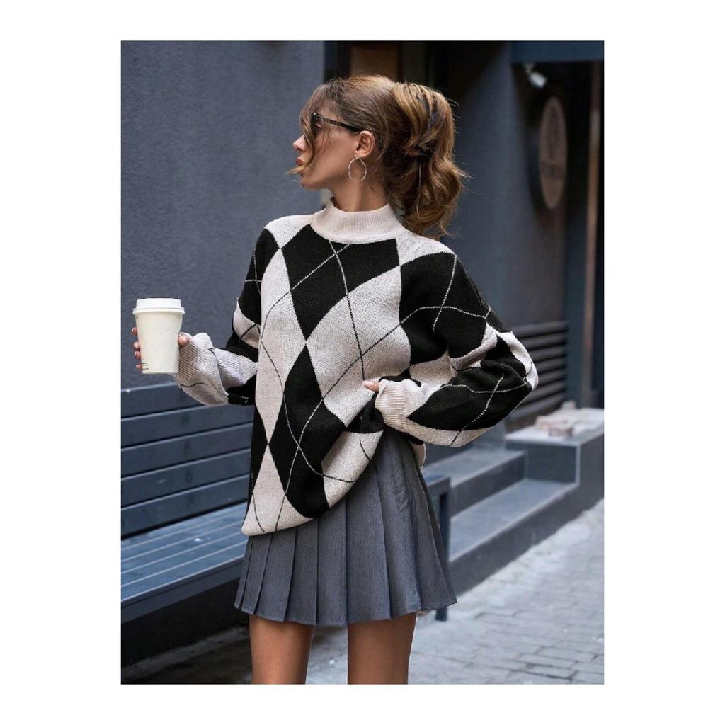 Women's Diamond Patterned Black High Collar Knitwear Sweater