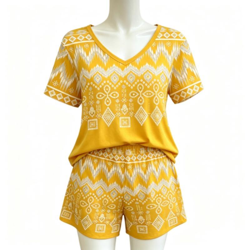 Summer Bohemian Elements Patterns Printed V Neck Short Sleeved T-Shirt And Shorts Set Women's and Men's T-shirt Shorts Set