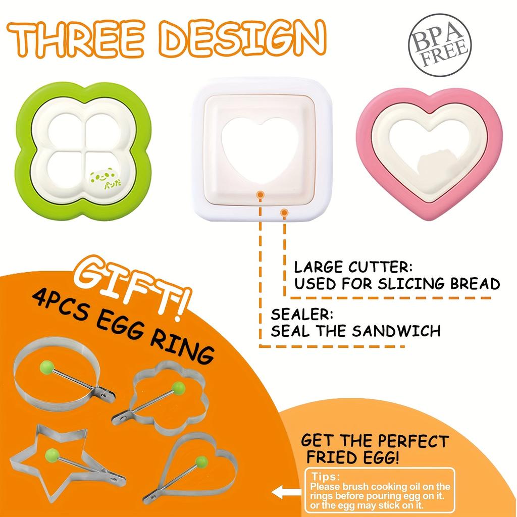 7Pcs Sandwich Cutter And Sealer Set Heart Square Shaped Bread Mold Diy Pocket Sandwich Maker For Kids Lunch Box