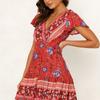 Women's Holiday Bohemian Print Mini Dress Ladies V Neck Summer Beach Sundress