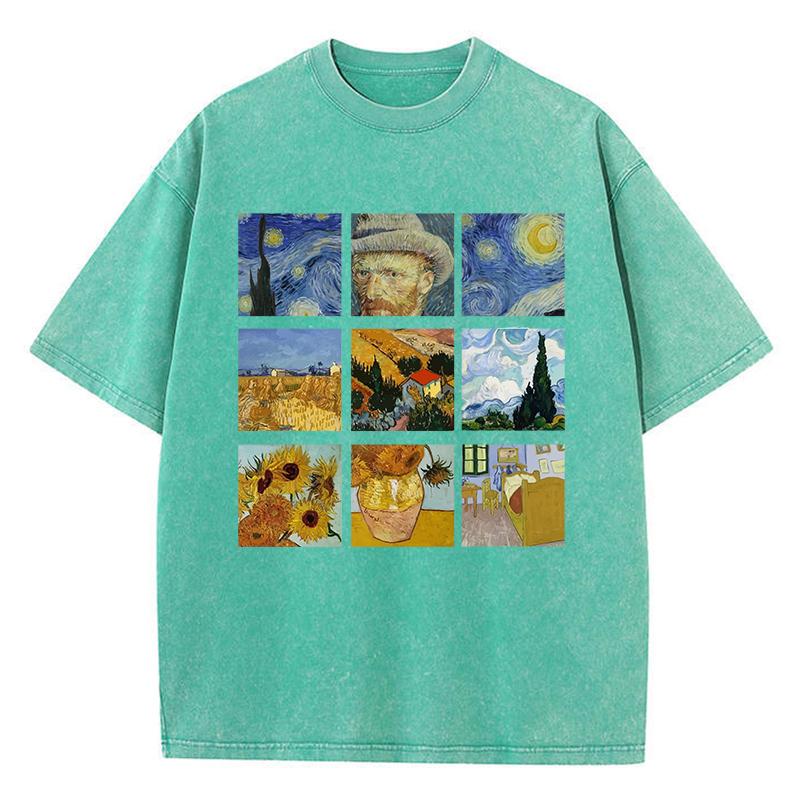 Футболки женские из хлопка стираные Футболки с принтом «Звездная ночь и подсолнухи Ван Гога» Футболки с потертостями и круглым вырезом, свободные топы