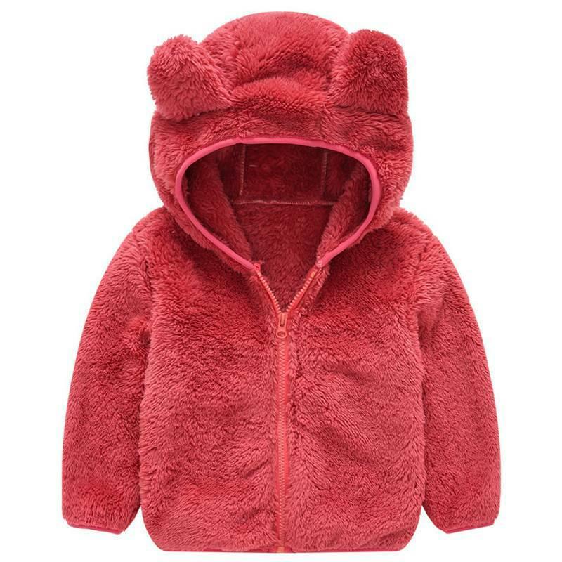 Kids Pure Color Teddy Fur Jackets Children Bear Ear Hoodies Coats Boys Girls Winter Warm Outerwear
