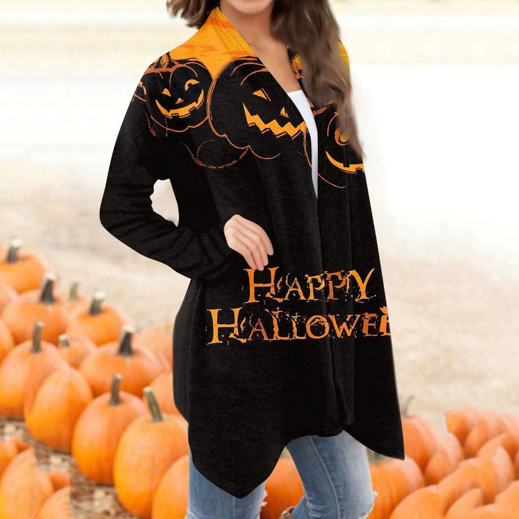 Женская мода, повседневный кардиган с принтом на Хэллоуин, средней длины, куртка, пальто