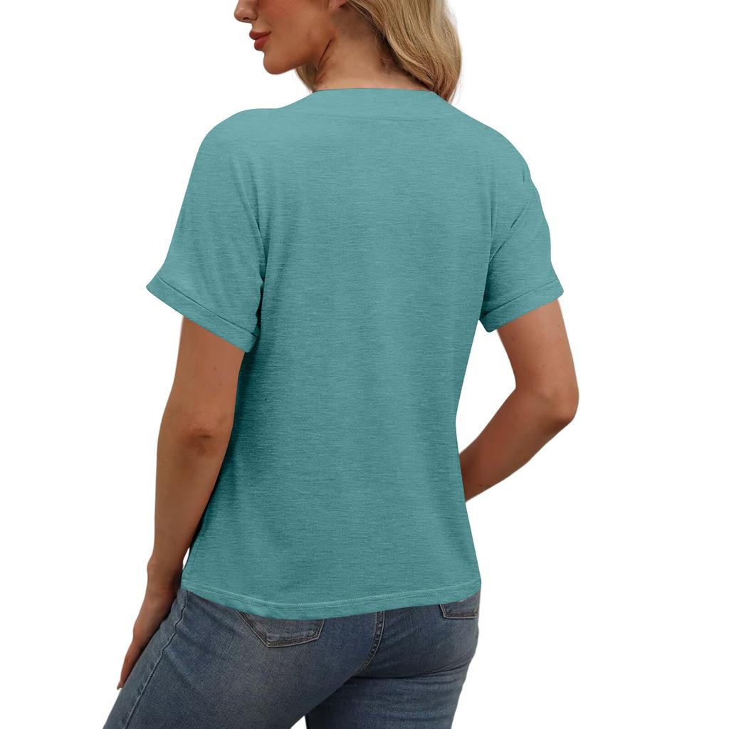 Women's Fashion Short-sleeved V-neck Solid Color Top Casual Button T-shirt