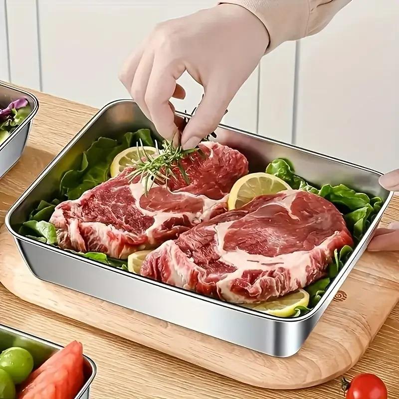 Контейнер для хранения продуктов из нержавеющей стали Прямоугольная тарелка с крышкой Поднос для лапши и фруктов Ланч-бокс Толстая тарелка-органайзер для холодильника