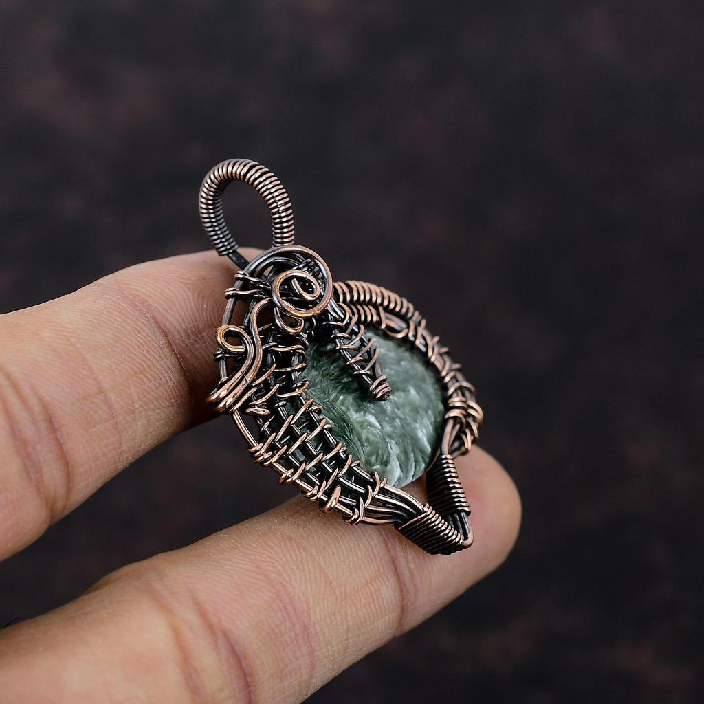 Подвеска из серафинита, обернутая медной проволокой, драгоценный камень, подвеска ручной работы, обернутая проволокой, уникальный медный дизайн, подвеска, подарок на годовщину