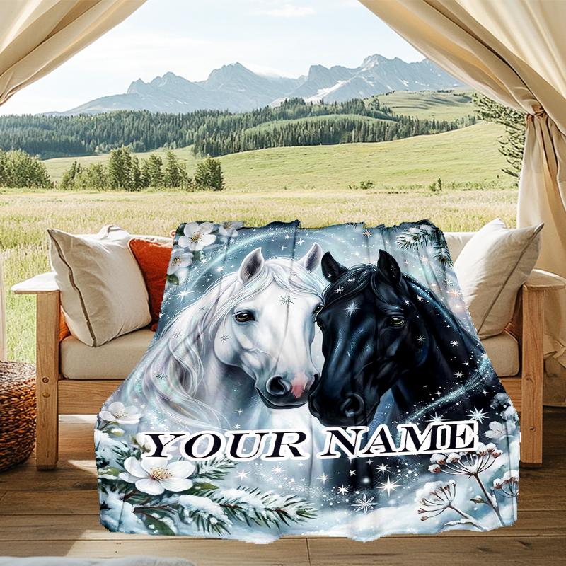 1PC Custom Name Horses Winter Wonderland flannel blanket versatile,all-season throw suitable for the living room,bedroom,camping,travel,and gift