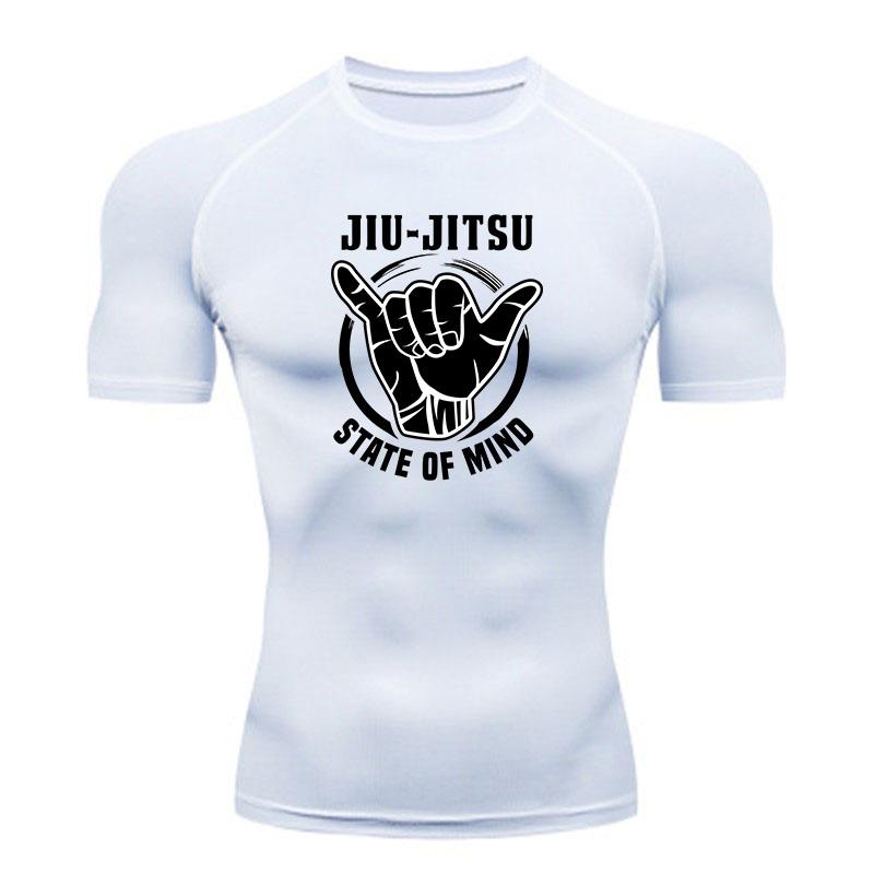 Men's Compression Workout Sports T-Shirt, Jiu Jitsu State Of Mind Printed Quick Dry Stretchy Athletic Top for Gym Traini