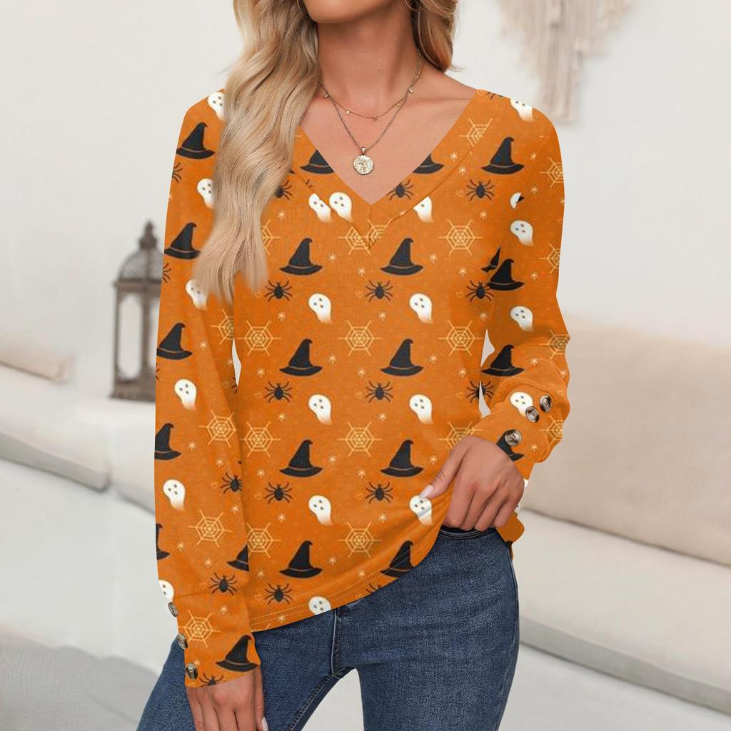 Women's Tops Halloween Printed Long Sleeve Shirt V Neck Casual Loose T-Shirt Autumn Clothing