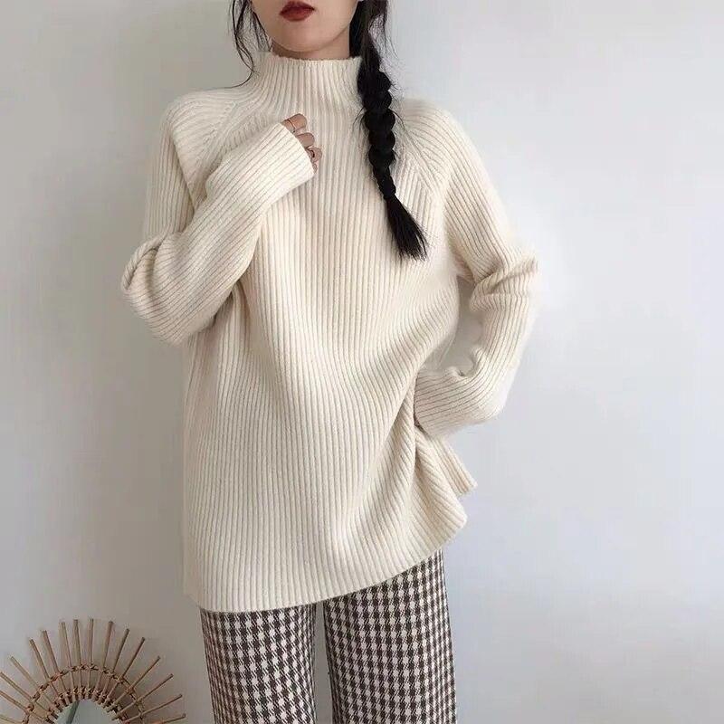 High Pullover Neck Women Sweater Autumnwinter Solid Long Sleeve Loose Winter Bottom Knit Sweater Pullover Female Tops