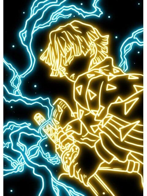 Неоновый стиль, убийца демонов, печать плакатов, японское аниме Zenitsu Agatsuma, рисунок на холсте, настенная живопись, картина для гостиной, домашний декор, без рамки