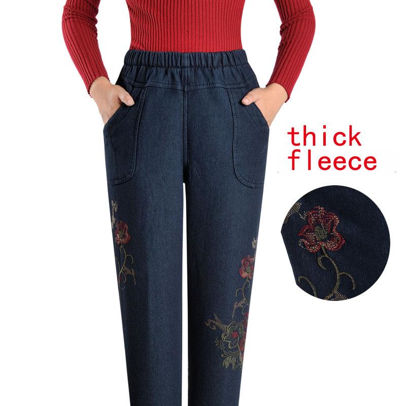 Женская зимняя и осенняя одежда среднего возраста плюс флисовые джинсы Женская свободная одежда с высокой талией для мам Бабушкиная одежда Женские брюки больших размеров