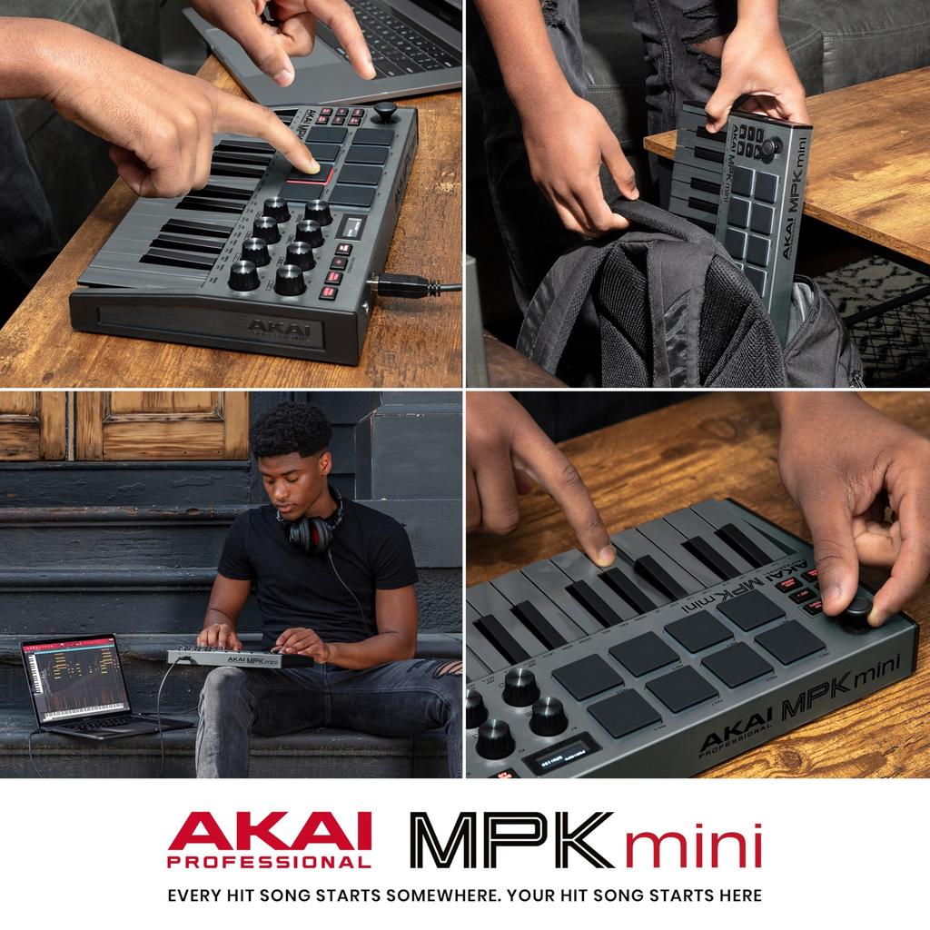 Akai Professional MIDI-клавиатура Контроллер Mini 25-клавишный USB Velocity Sensitive 8 Drum Pad Программное обеспечение для создания музыки MPK mini mk3 Gray