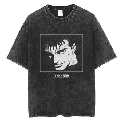 Выстиранный хлопок Berserk Мужские винтажные рубашки в стиле аниме из Японии оверсайз Уличная одежда Летняя футболка с коротким рукавом Свободные хлопковые топы