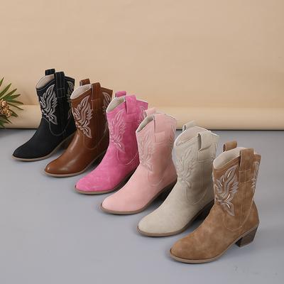 Внешняя торговля 2025 новые западные ковбойские сапоги рыцарские сапоги женские средней длины вышивка ретро острый носок толстый каблук средней длины