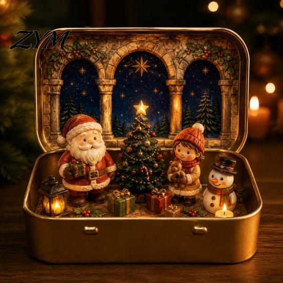 Christmas Story Display Box Mini Set in A Tin Box, Pocket Size Holiday Scene Iron Decor with Miniature Figures, Collectible Decoration for Desk,