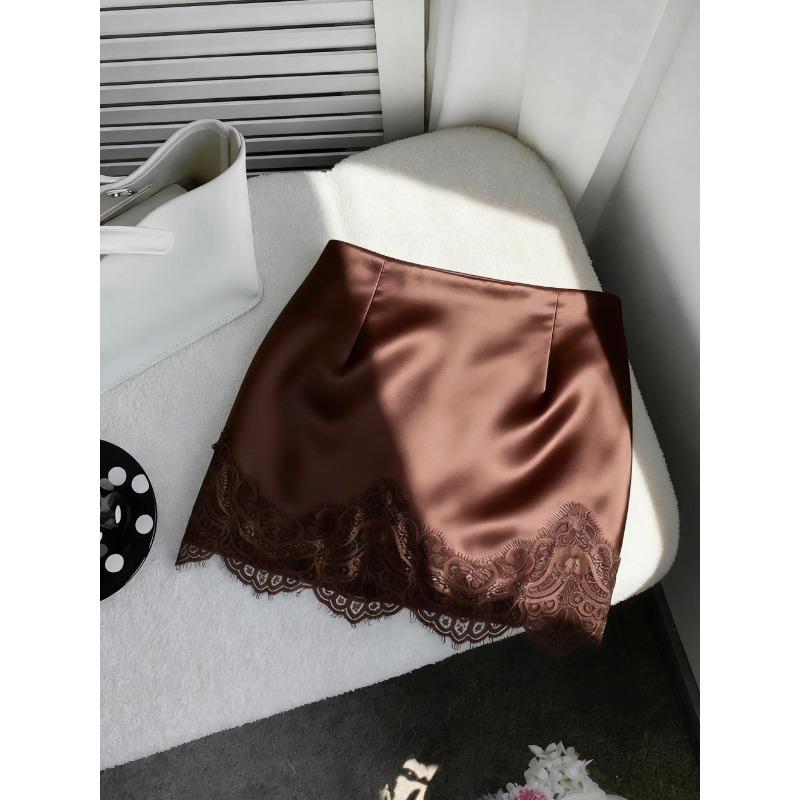 Satin Lace Patchwork Mini Skirt, High Waist Slim A-Line Skirt, Silky Glossy Side Zipper Short Skirt for Spring Summer Pure Y2K Daily Party Outfits