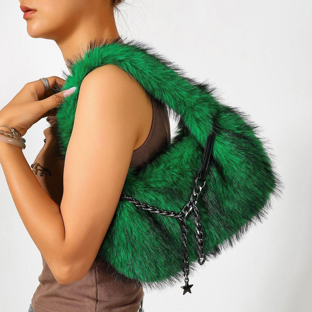 Stars Chains Fluffy Hobo Bags Y2k Fluffy Tote Bag Portable PU Handbag Lady