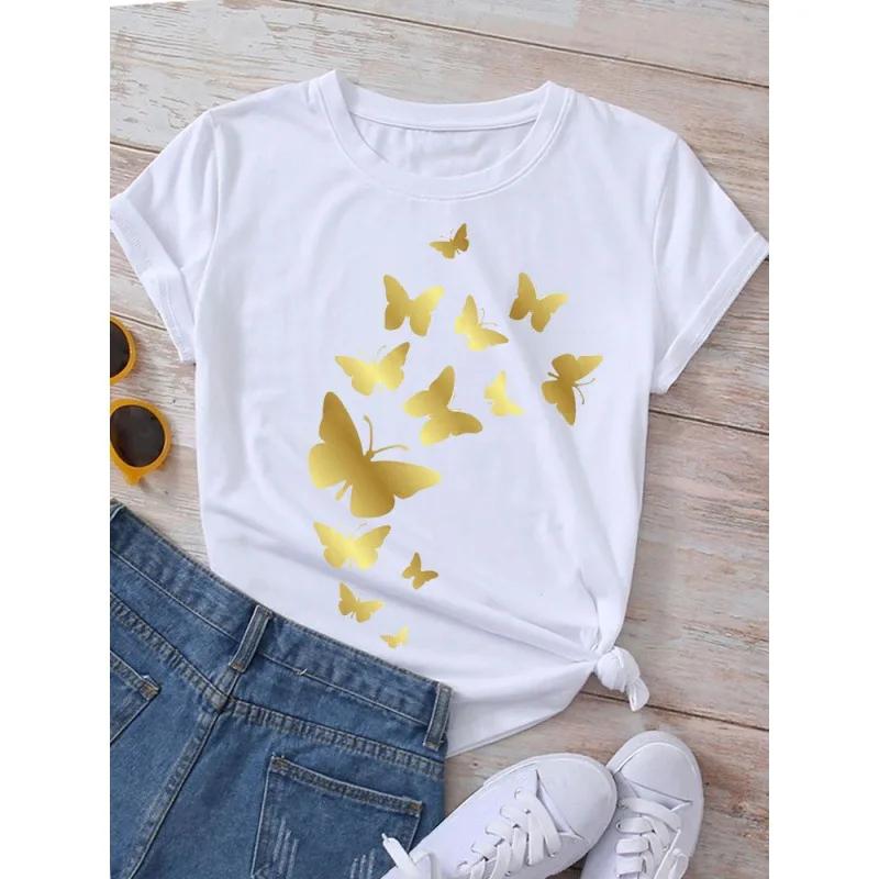 Женская футболка с принтом золотой бабочки, с коротким рукавом, с круглым вырезом, свободная, женская футболка, женская футболка, топы, camisetas mujer