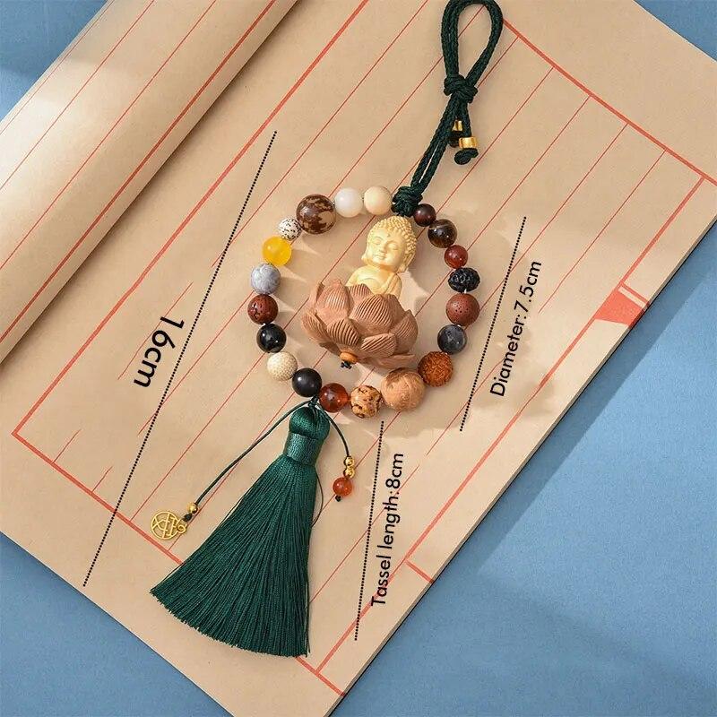 Upgraded Car Rearview Mirror Buddha Pendant Chinese Wooden Carving Lotus Buddha Statue Auto Hangings Tassel Decor Car Interior