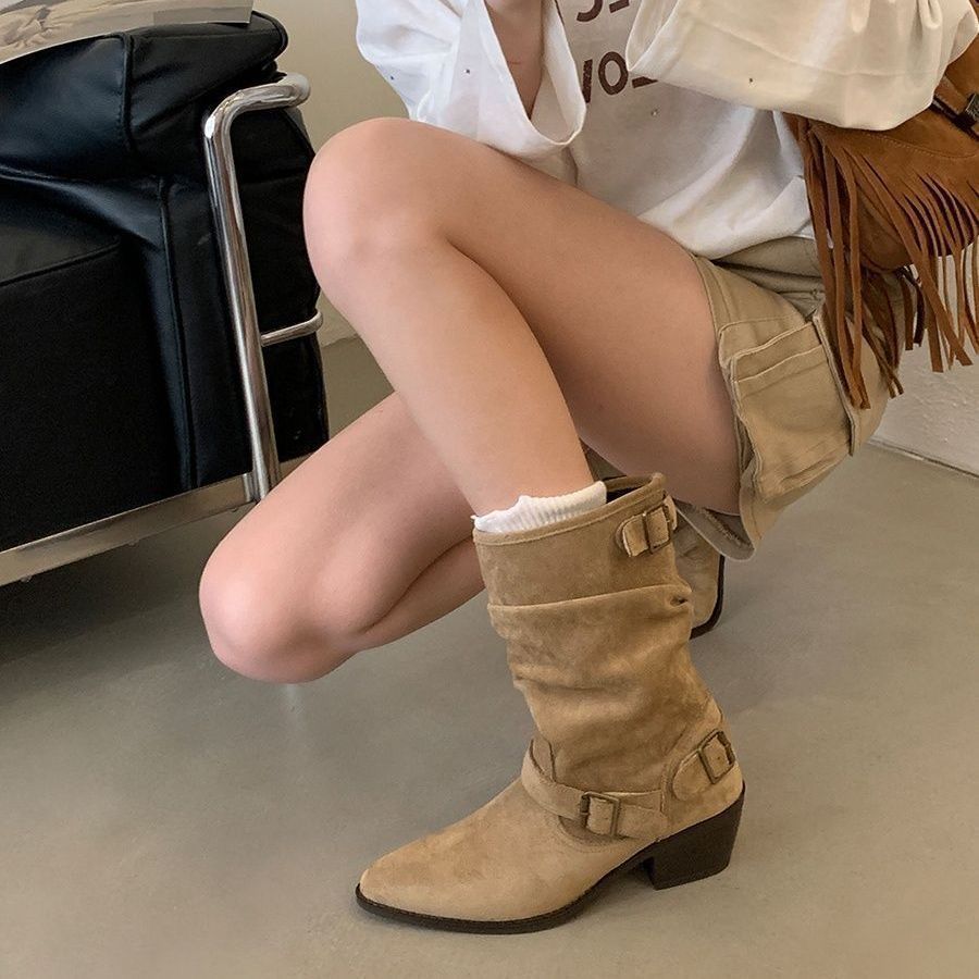 Ретро остроносые ботинки детские осенние новые модные с декоративной пряжкой-ремнем на толстом каблуке ботинки на меху женские