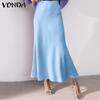 Women Elegant Solid Color High Waist Ruffled Hem Satin Bodycon Long Skirts