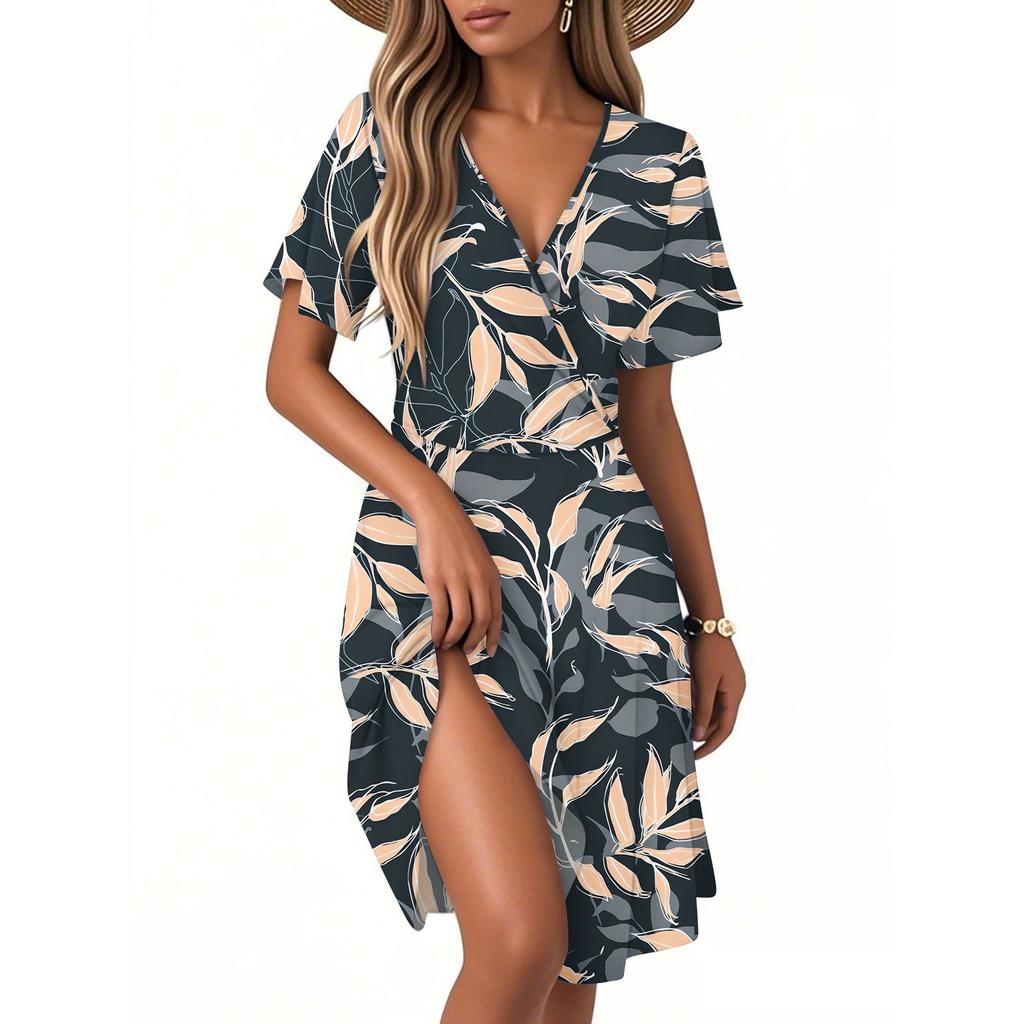 Женское повседневное модное платье с винтажным цветочным принтом и коротким рукавом и V-образным вырезом