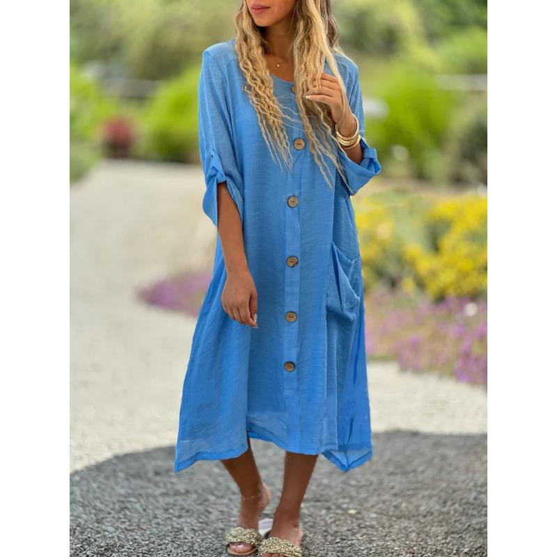 Весенне-осеннее женское платье больших размеров, повседневные длинные платья со свободными карманами и пуговицами