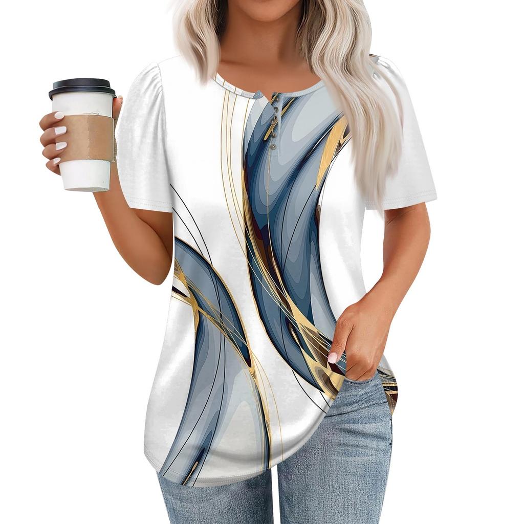 Women's Fashionable Casual Short Sleeve Button Print Round Neck Pullover Top