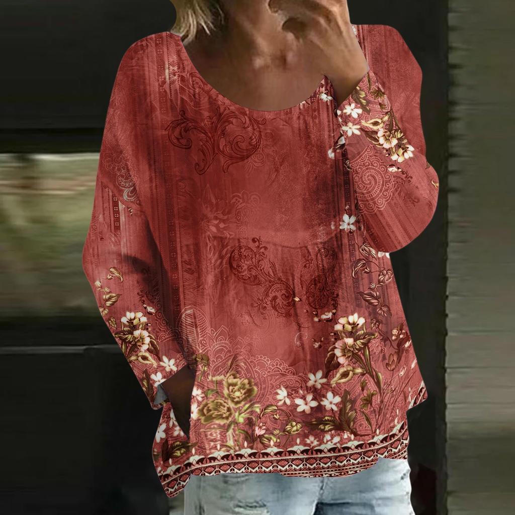 Women's Casual Fashion Loose Round Neck Retro Print Long Sleeve Top