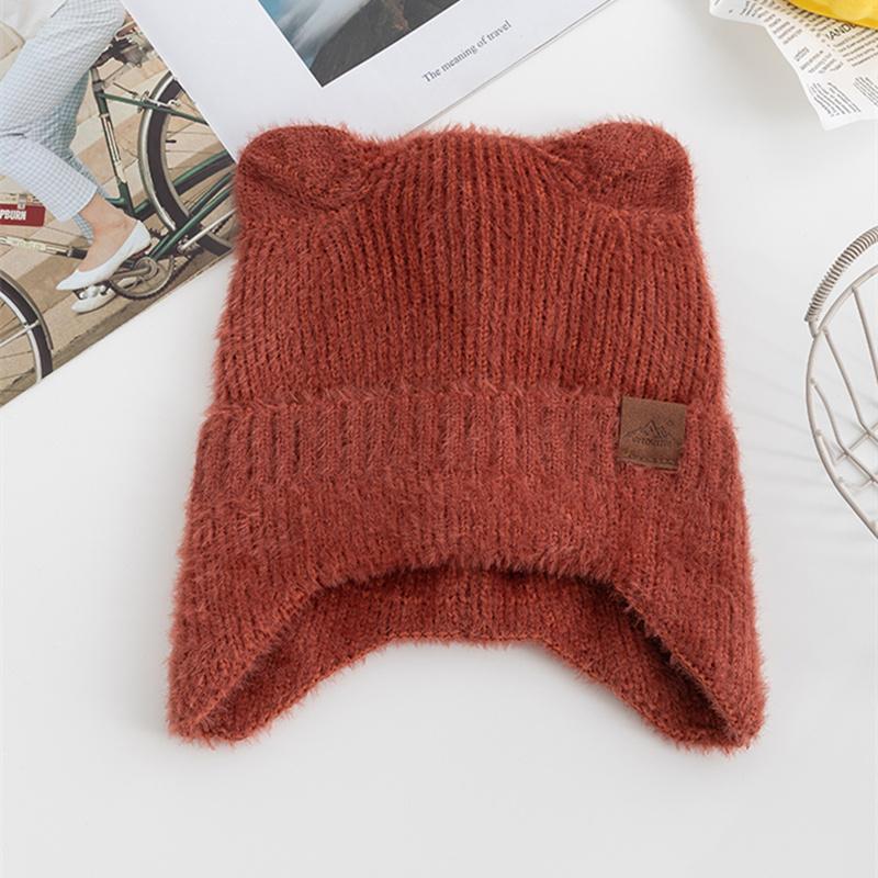 New Women Candy Colors Earflap Beanie Fashion Faux Fur Knitted Hat Lovely With Cat Ear Soft Beanie Hats Female Streetwear Hat