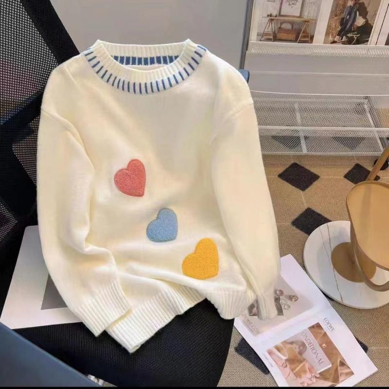 Женский однотонный свитер с узором в форме сердца, круглым вырезом, длинным рукавом, свободный пуловер, женский зимний теплый топ