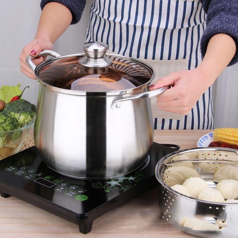 Кастрюля из нержавеющей стали большой вместимости с утолщенным дном, совместима с индукционной и газовой плитой — идеальный подарок для дома.