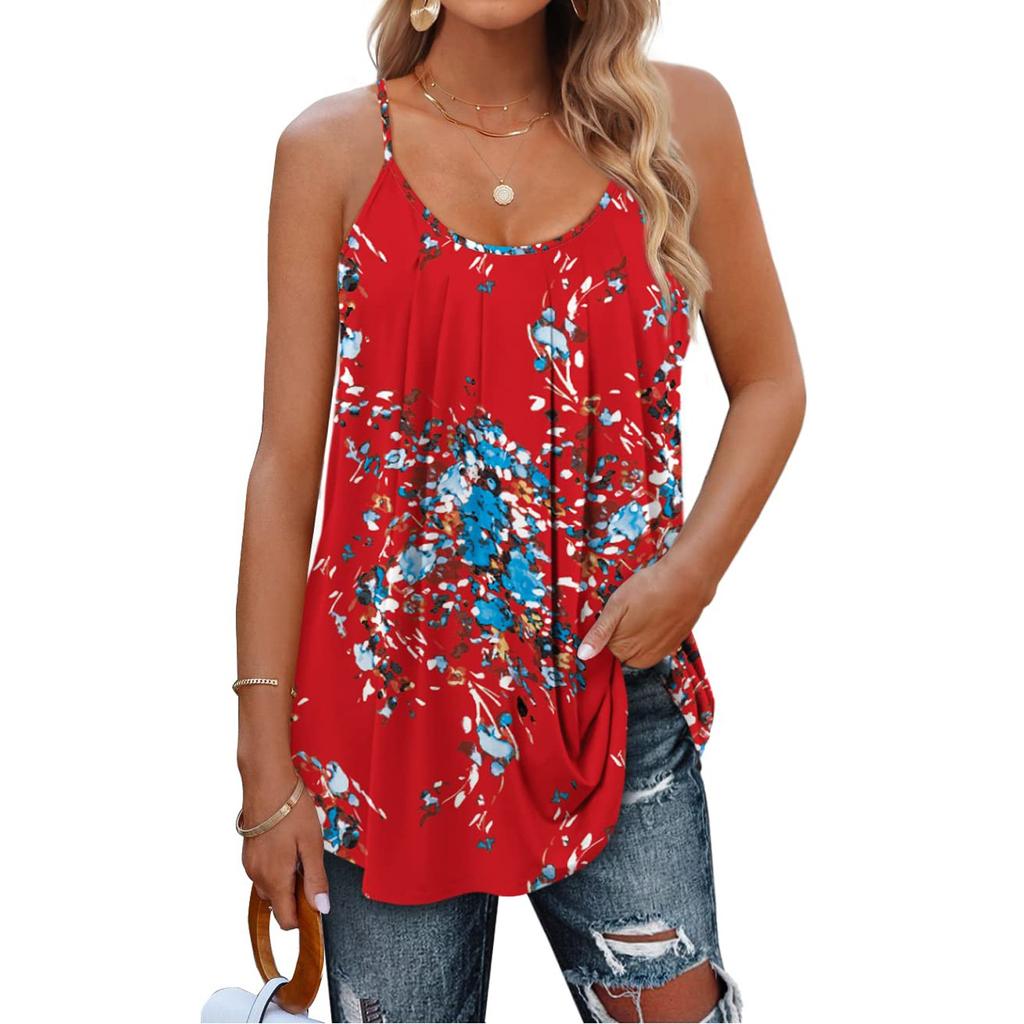 Women Casual Loose Shirts Spaghetti Strap Sleeveless Print Cute Tops Camisole Tee Tank
