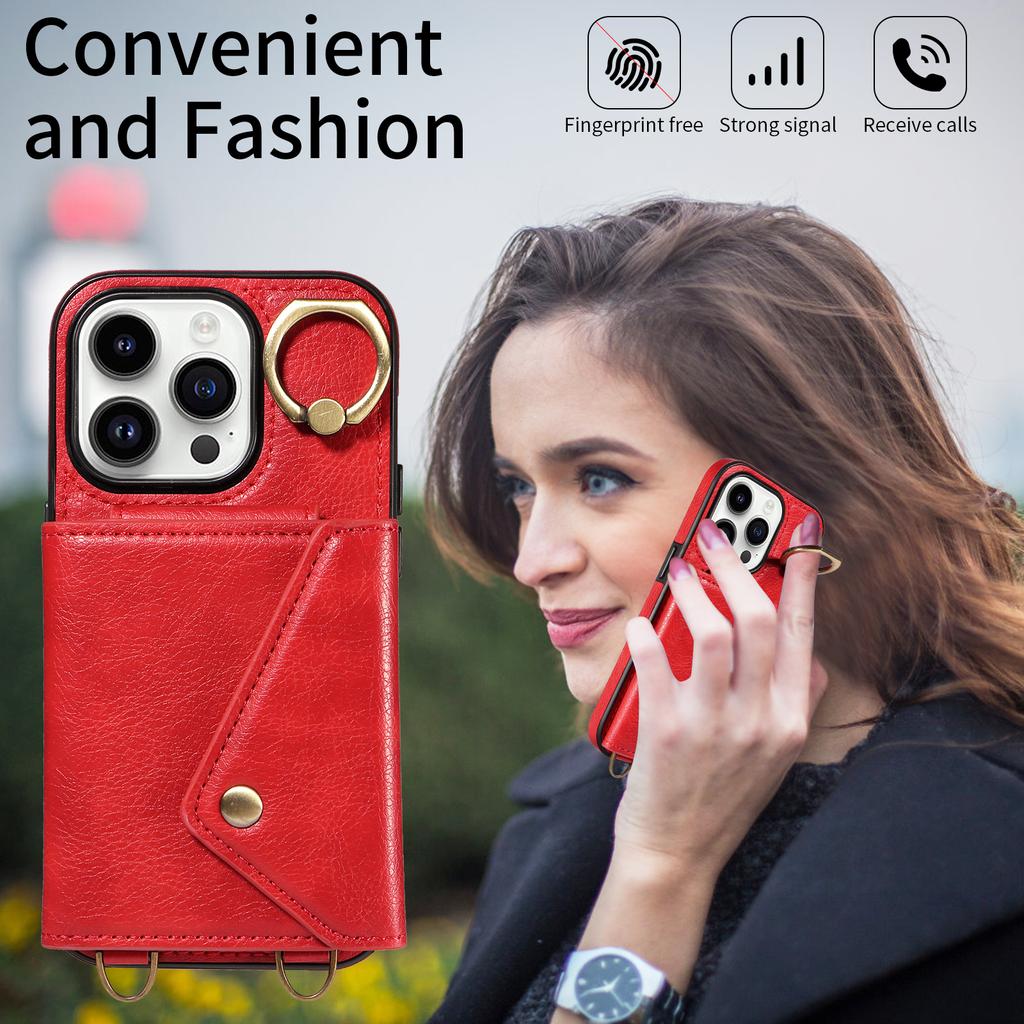 Для iPhone 16 серии. Для iPhone 16, 16 Plus, 16 Pro, 16 Pro Max плечевой ремень веревка кольцо кронштейн дизайн держатель для карт слоты личи узор чехол для телефона