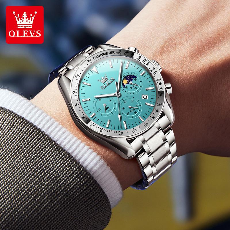 Мужские кварцевые часы с тремя глазами и фазами Луны, водонепроницаемые, светящиеся, с календарем, подходят для повседневного бизнеса