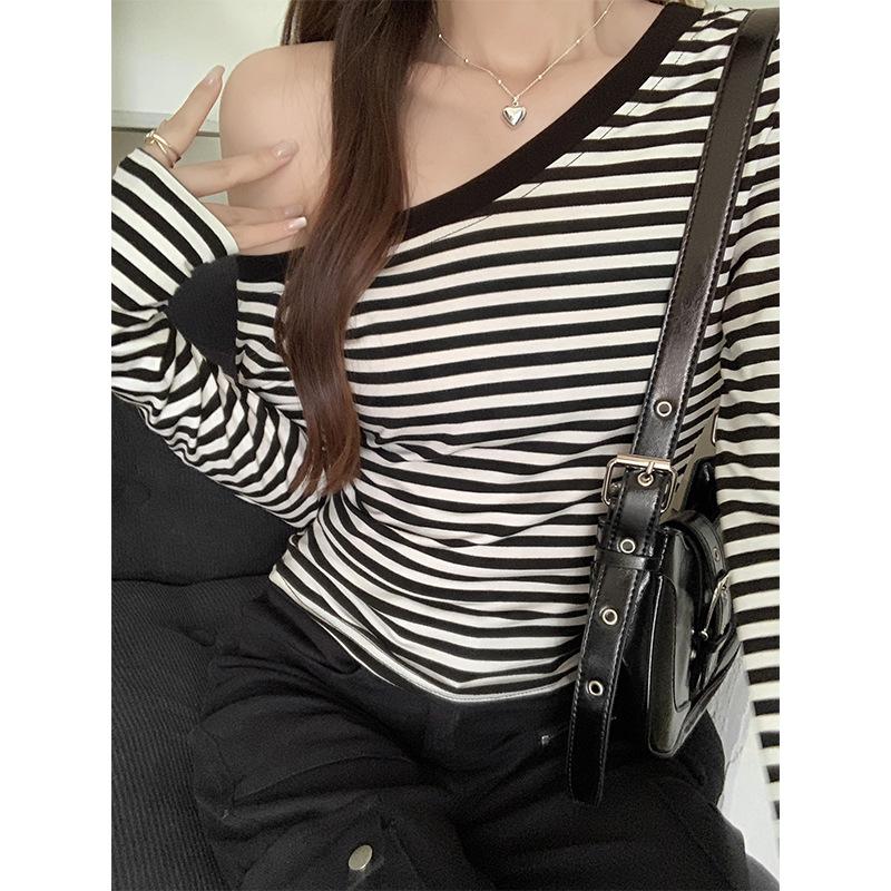 Pure Desire Slanted Shoulder Sexy Striped Off-shoulder Long-sleeved T-shirt Women's Early Autumn New Design Niche Slim Bottoming Top