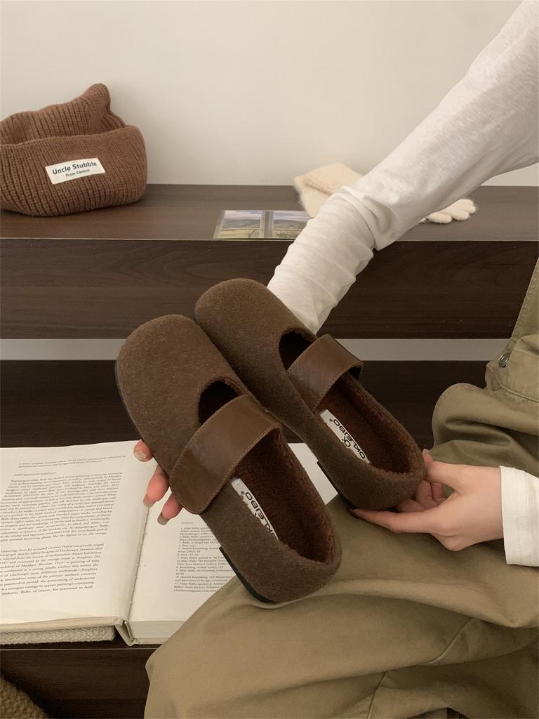 Huge Good-looking Flat-soled Shallow-mouth Single Shoes for Women's 2025 New Autumn Woolen Gray Birkenstocks Mary Jane Evening Shoes