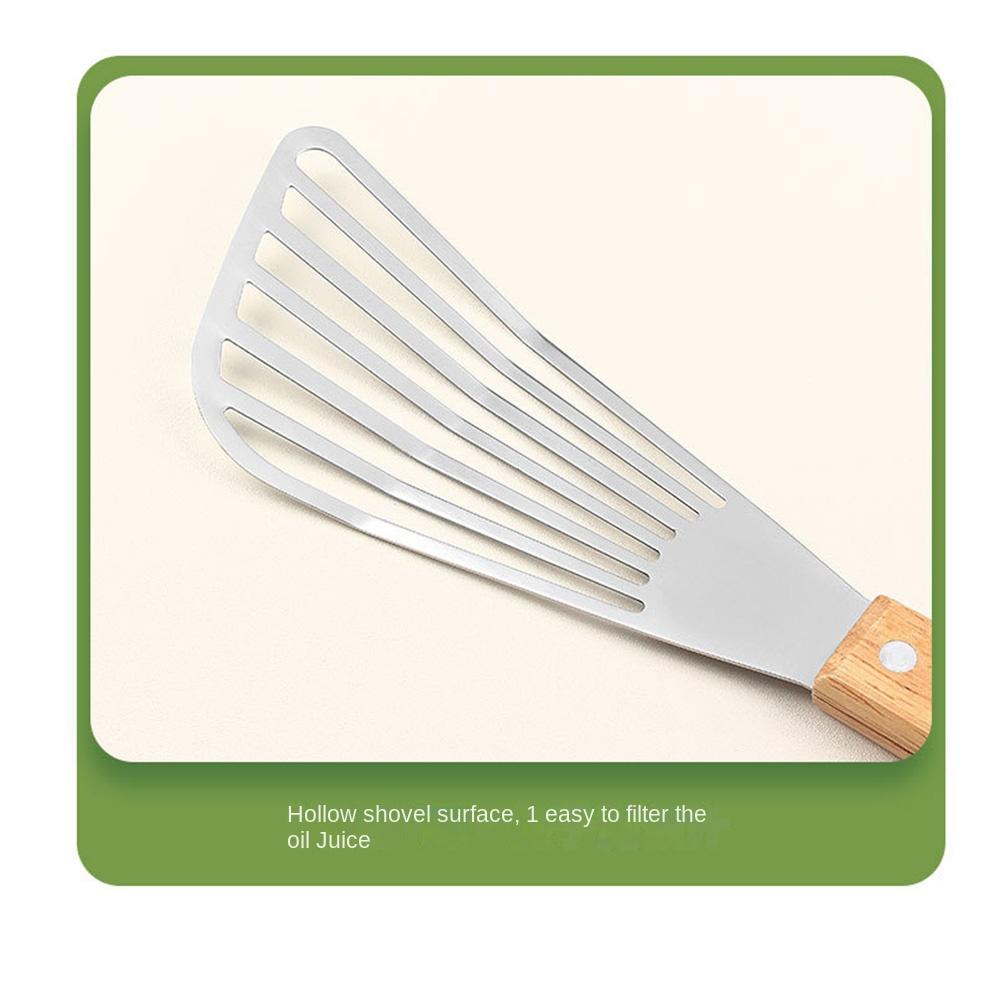 Wooden Handle Slotted Fish Turner Stainless Steel Flipping Frying Spatulas Steak