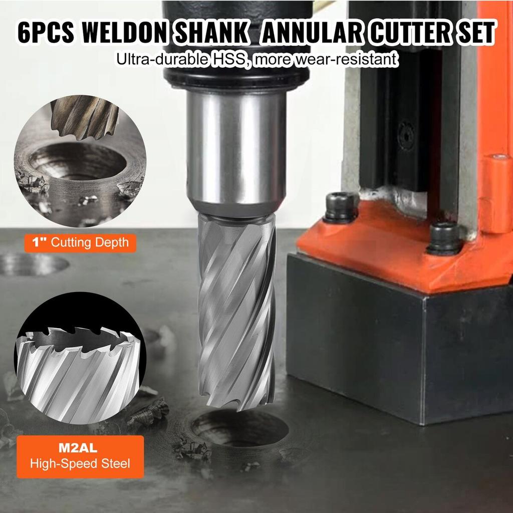 Annular Cutter Set, 6 pcs Weldon Shank Mag Drill Bits, 1" Cutting Depth, 1/2" to 1-1/16" Cutting Diameter, M2AL High-Speed Steel, with Pilot Pin and