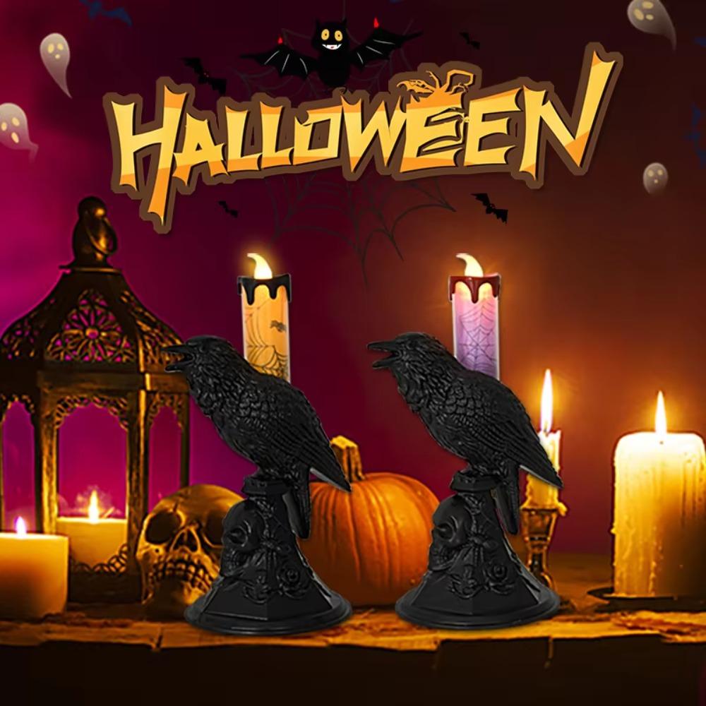 Gothic Raven LED Candles Realistic Table Lamp Black Crow Statue Glowing Candlestick  Halloween
