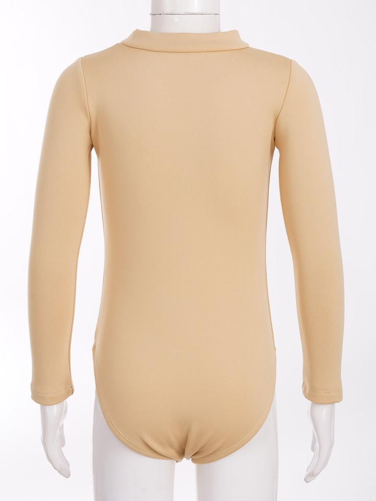 Nude Kids Girls Fleece Long Sleeve Leotard Solid Color Bodysuit Gymnastics Ballet Dance Training Costume